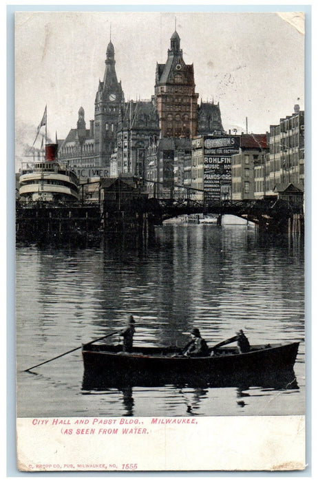 1908 City Hall & Pabst Bldg. Bridge Boating View Melwaukee Wisconsin WI Postcard