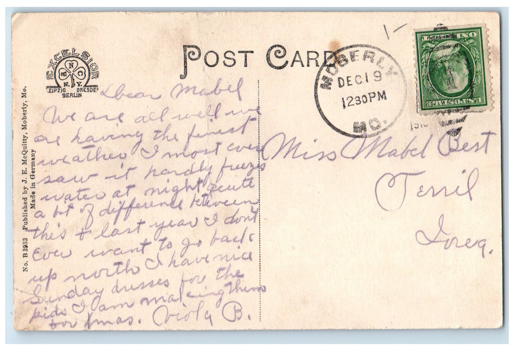 1910 Warbash Hospital Exterior Roadside Moberly Missouri MO Posted Tree Postcard