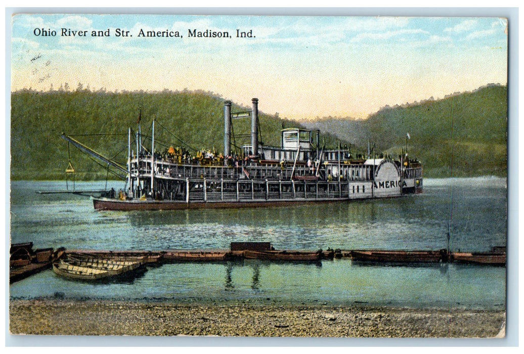 1910 Ohio River And Steamer America Passengers Scene Madison Indiana IN Postcard