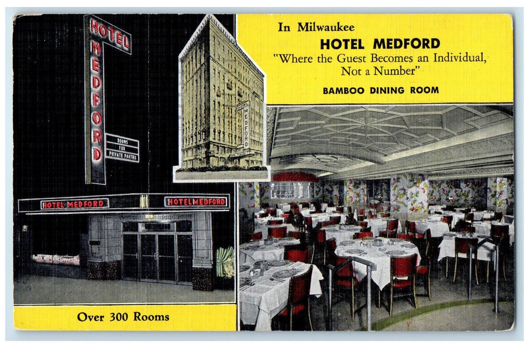 1953 Hotel Medford Restaurant Bamboo Dining Room Milwaukee Wisconsin Postcard