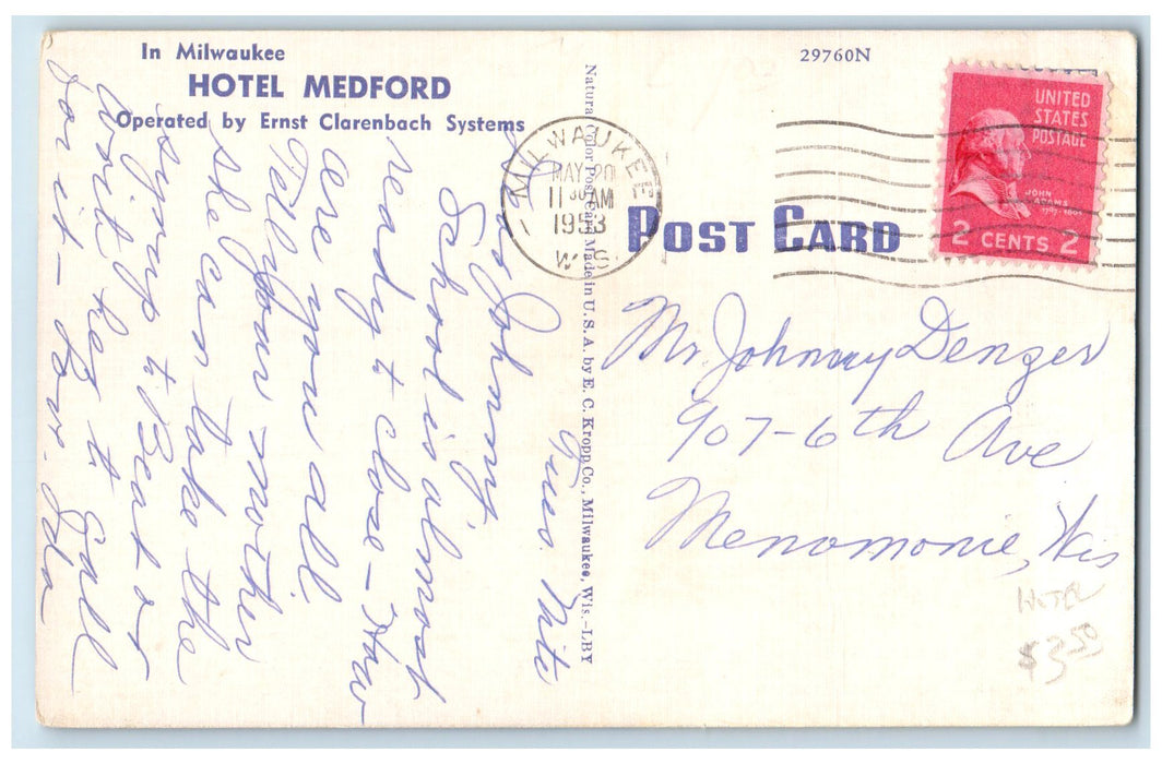 1953 Hotel Medford Restaurant Bamboo Dining Room Milwaukee Wisconsin Postcard