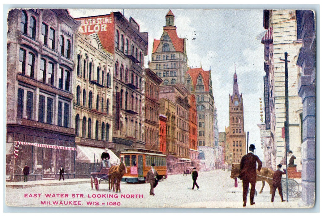 1910 East Water St. Trolley Railroad Horse Carriage Milwaukee Wisconsin Postcard