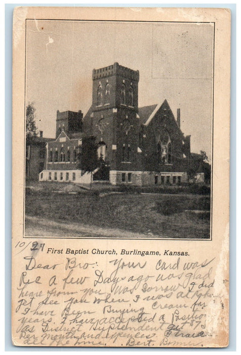 1907 First Baptist Exterior Scene Roadside Burlingame Kansas KS Posted Postcard