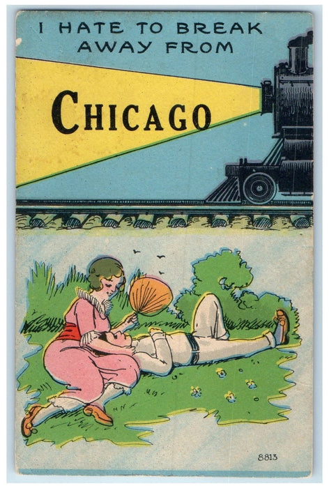 c1910s I Hate To Break Away From Chicago Illinois IL Train Light Couple Postcard