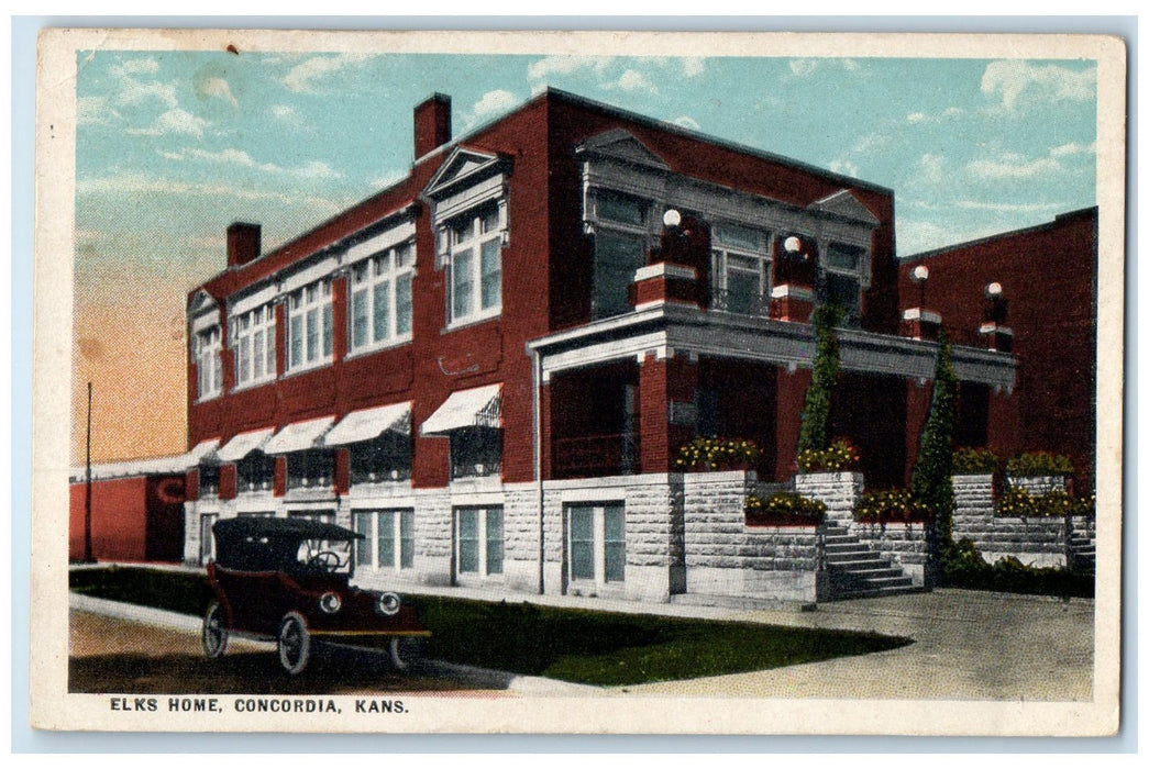 1923 Elks Home Building Classic Car Steps Entrance Condcordia Kansas KS Postcard