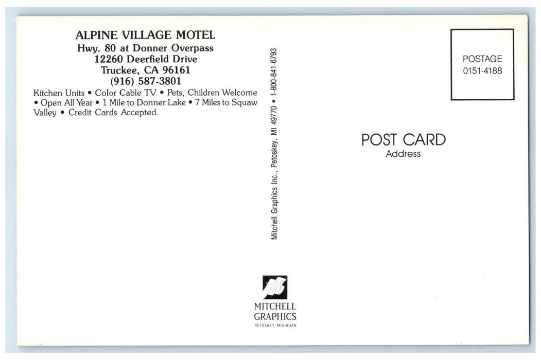 c1960's Alpine Village Motel Exterior Roadside Truckee California CA Postcard