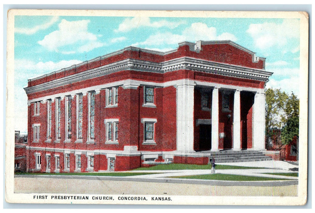 c1920's First Presbyterian Church Building Steps Concordia Kansas KS Postcard