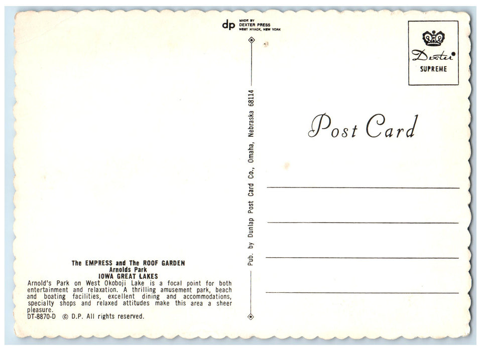 c1960's The Empress And The Roof Garden Arnolds Park Iowa IA Unposted Postcard