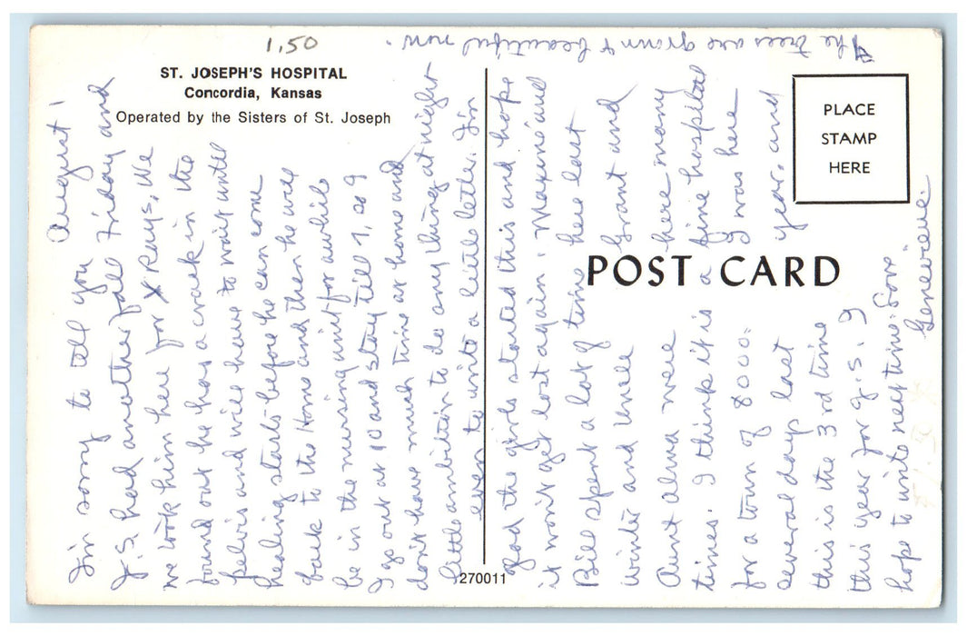 c1950's St. Joseph's Hospital Aerial View Building Concordia Kansas KS Postcard