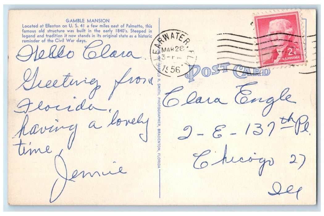 1956 Gamble Mansion Ellenton Florida Near Brandenton Florida FL Trees Postcard