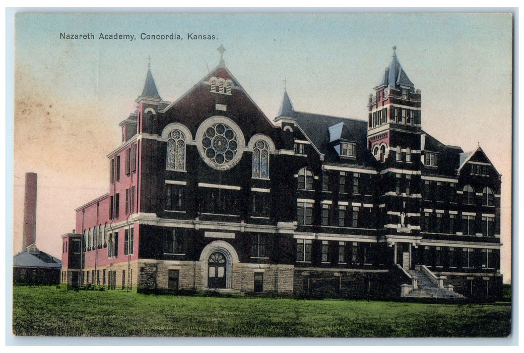1910 Nazareth Academy Campus Building Entrance View Concordia Kansas KS Postcard