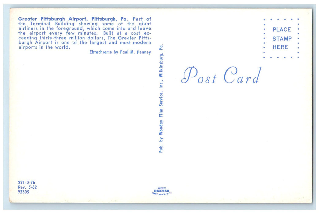 c1960's Greater Pittsburg Airport Pittsburg Pennsylvania PA Airplanes Postcard
