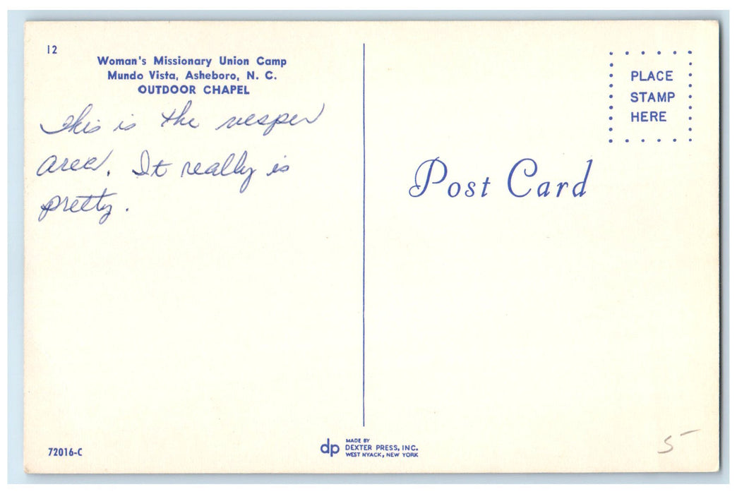 c1960s Outdoor Chapel Woman's Missionary Camp Asheboro North Carolina Postcard