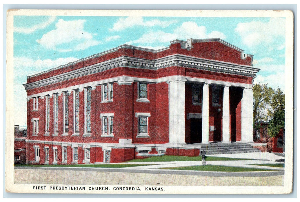 c1920's First Presbyterian Church Building Entrance Concordia Kansas KS Postcard