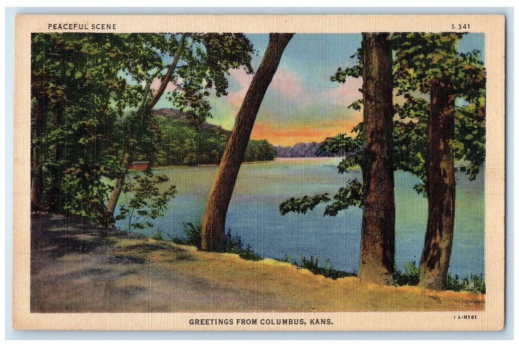 c1942 Greetings From Columbus Peaceful Scene Lake Grove View Kansas KS Postcard