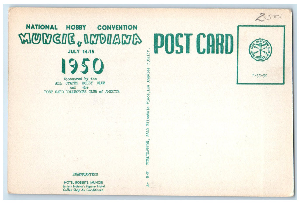 1950 National Hobby Convention Muncie Indiana IN Posted Hotel Roberts Postcard