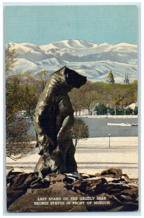 c1960's Last Stand Of The Grizzly Bear Bronze Statue Denver Colorado CO Postcard