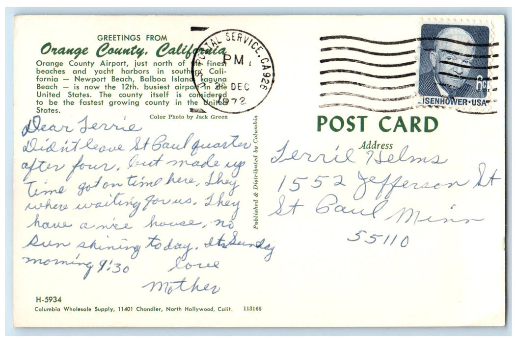 1972 Greetings Orange County Airport Orange County California CA Posted Postcard