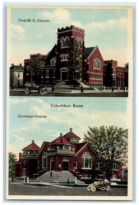 c1920 First ME Church & Christian Church Classic Car Columbus Kansas KS Postcard
