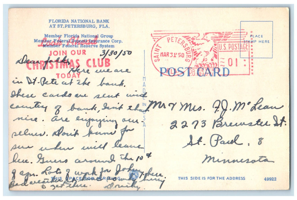1950 Florida National Bank Exterior At St. Petersburg Florida FL Cars Postcard