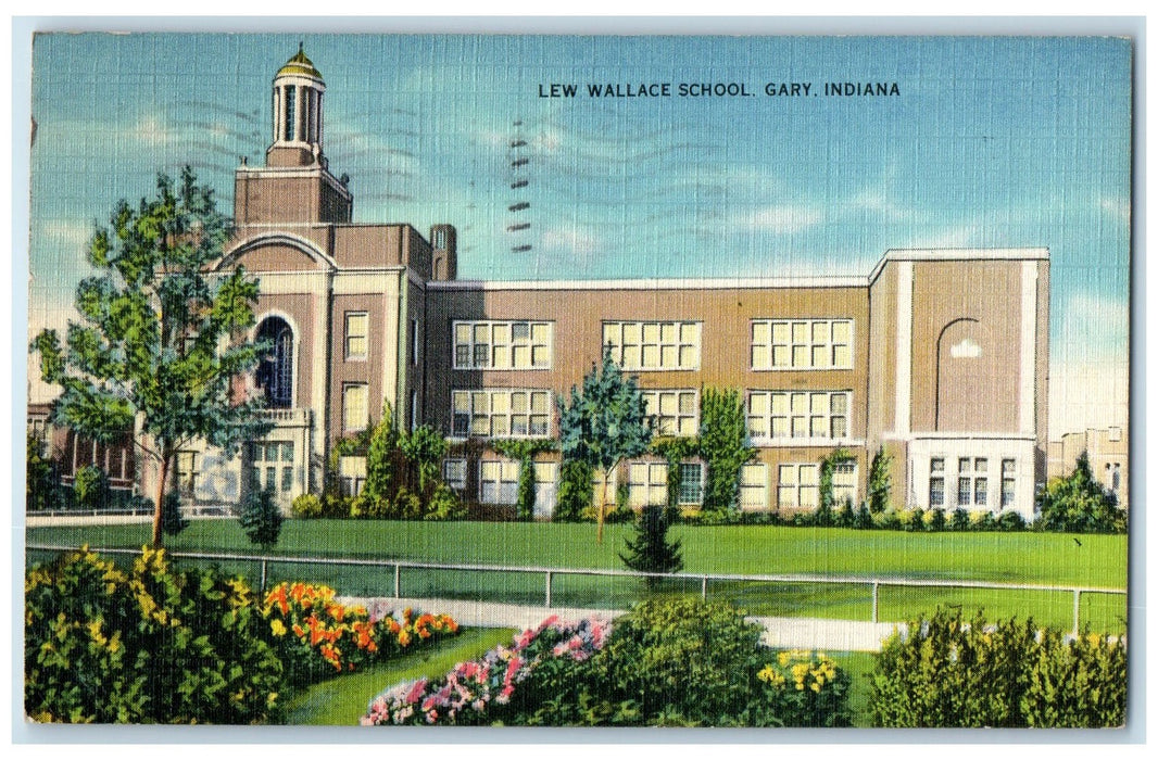 1940 Lew Wallace School Exterior Garden Scene Gary Indiana IN Posted Postcard