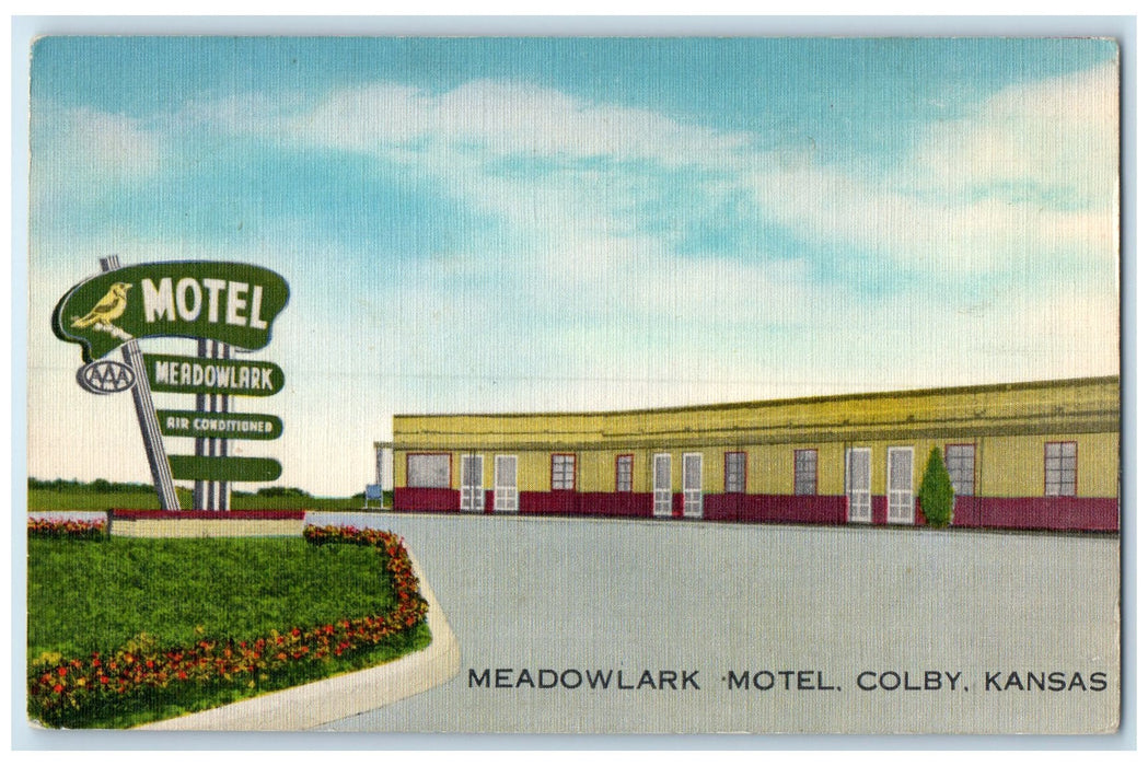 c1940 Meadowlark Motel & Restaurant Cottages Road Signage Colby Kansas Postcard