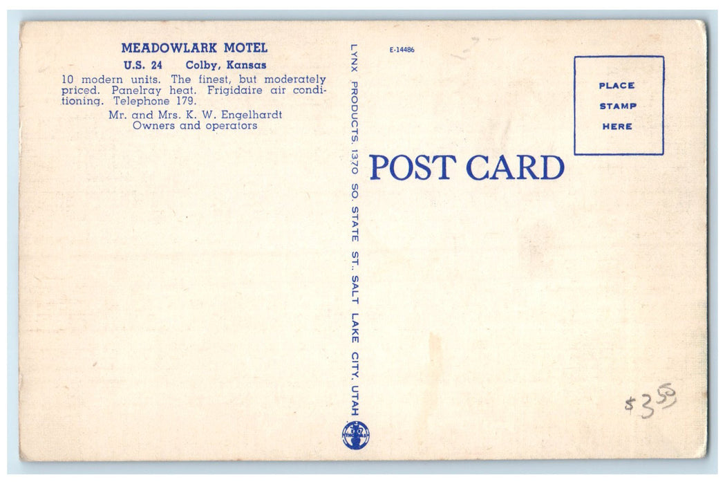 c1940 Meadowlark Motel & Restaurant Cottages Road Signage Colby Kansas Postcard