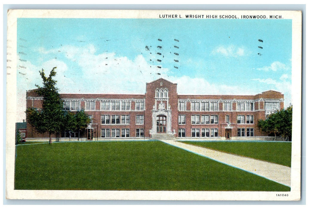 1934 Luther L. Wright High School Exterior Ironwood Michigan MI Posted Postcard