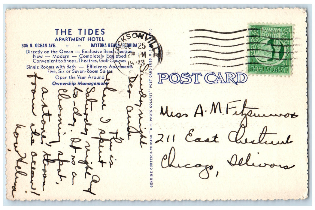 1943 The Tides Apartments Hotel Exterior At Daytona Beach Florida FL Postcard