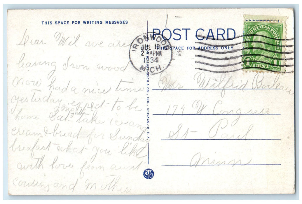 1934 Luther L. Wright High School Exterior Ironwood Michigan MI Posted Postcard