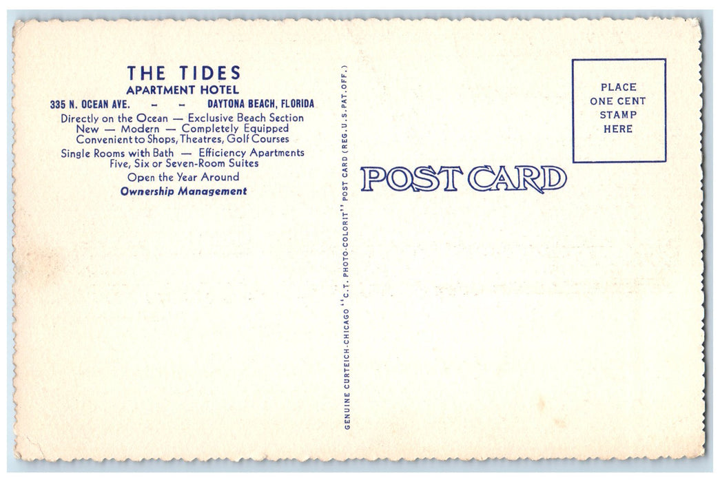 c1940's The Tides Apartments Hotel Exterior At Daytona Beach Florida FL Postcard