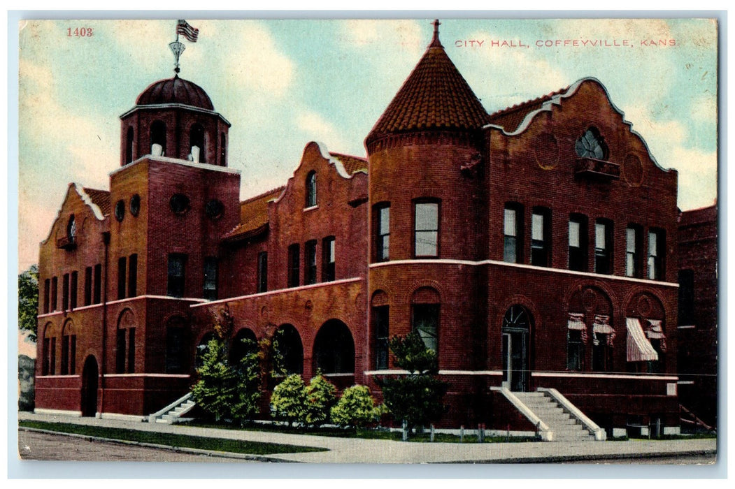 c1950's City Hall Building Stairs Entrance Dirt Road Coffeyville Kansas Postcard