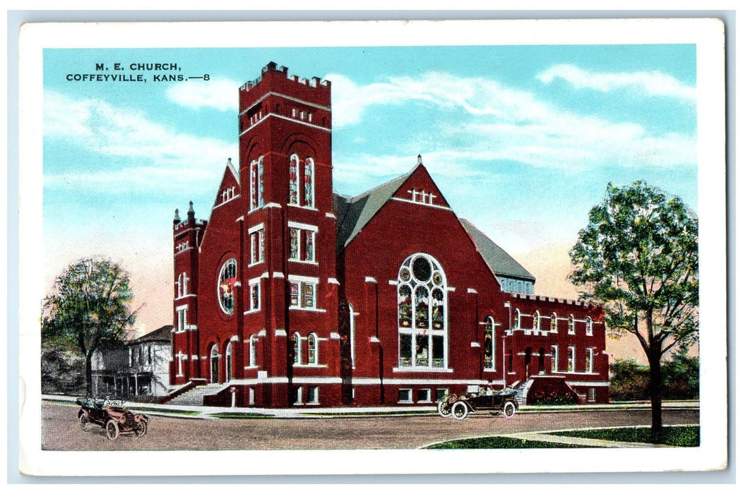 c1920 Methodist Episcopal Church Classic Car Road Coffeyville Kansas KS Postcard