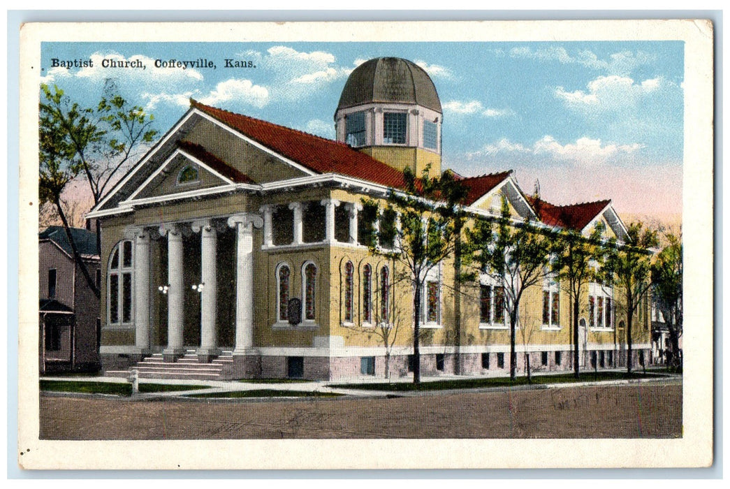 c1920's Baptist Church Dirt Road Building Tower Coffeyville Kansas KS Postcard