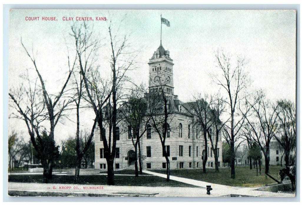 c1910's Court House Building Dirt Road Flag Entrance Clay Center Kansas Postcard
