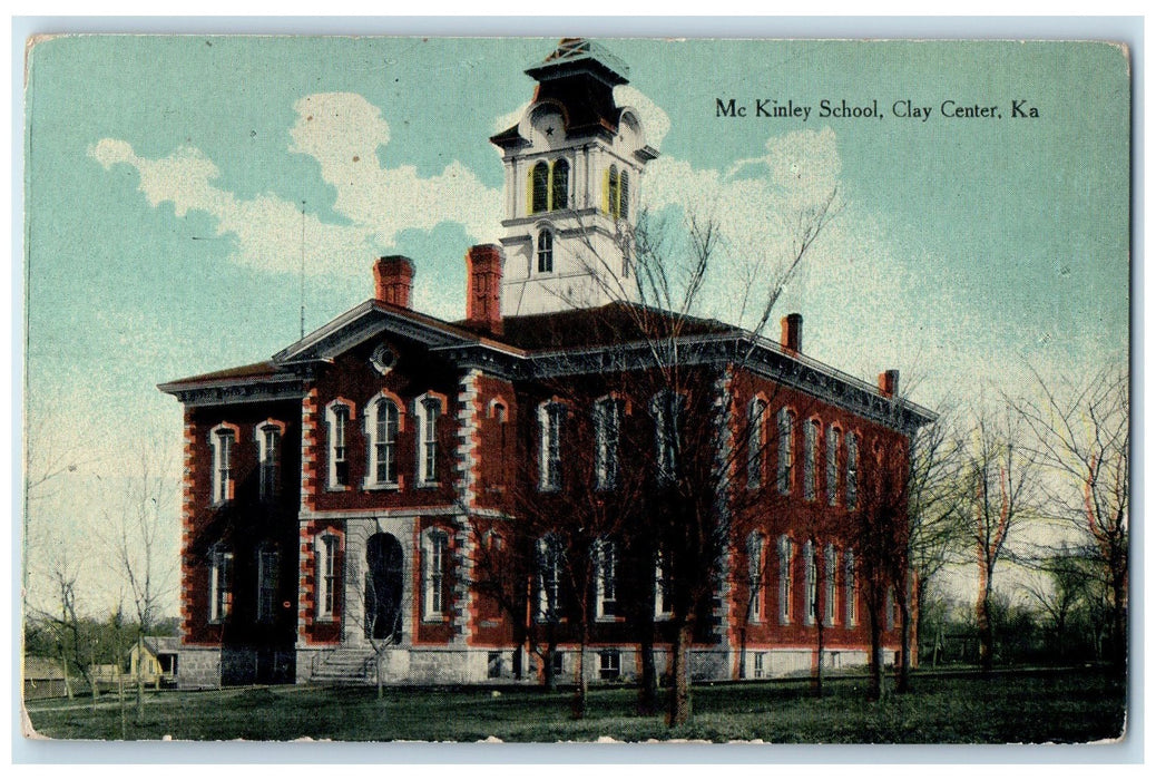 c1911 Mc Kinley School Campus Building Tower Clay Center Kansas Antique Postcard