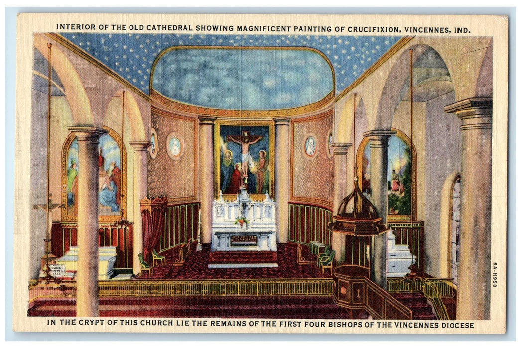 c1940s Interior Of Old Cathedral Painting Of Crucifix Vincennes Indiana Postcard