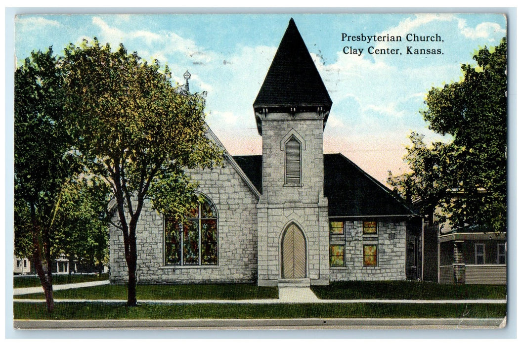 1915 Presbyterian Church Building Tower Clay Center Kansas KS Posted Postcard