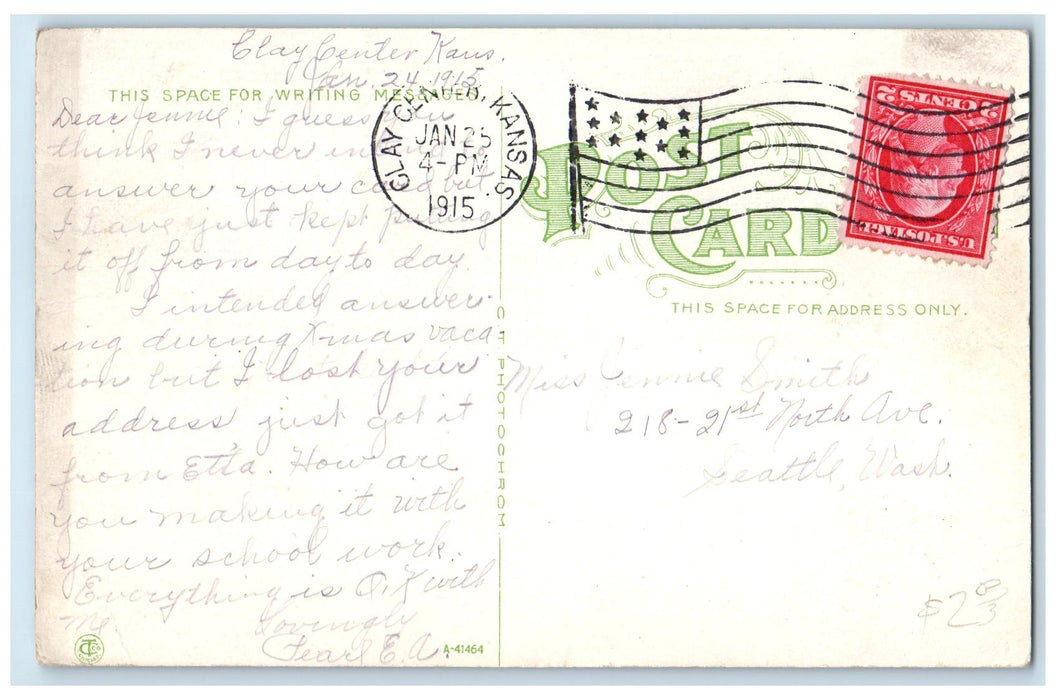 1915 Presbyterian Church Building Tower Clay Center Kansas KS Posted Postcard