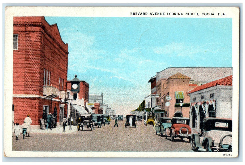 1931 Brevard Avenue Looking North Shops And Cars Cocoa Florida FL Clock Postcard