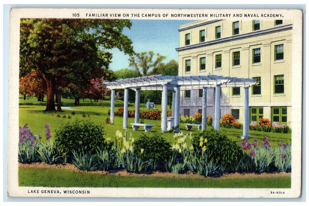 c1940s View On Campus Of Northwestern Military Lake Geneva Wisconsin WI Postcard