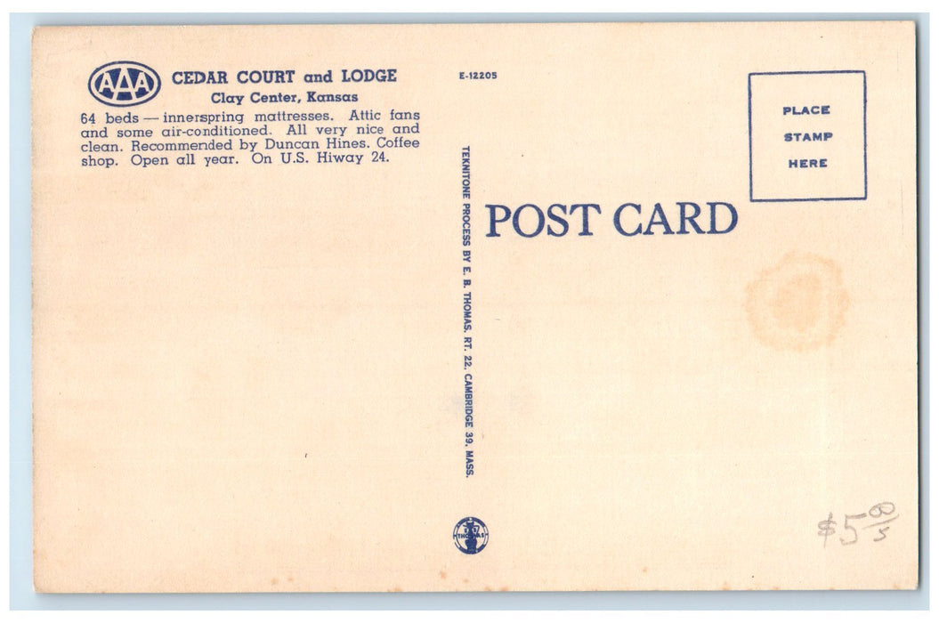 c1940's Cedar Court & Lodge Hotel & Restaurant Clay Center Kansas KS Postcard