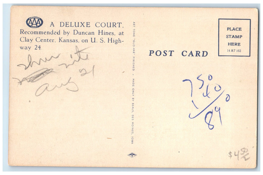 c1940's Cedar Tourist Court Lodge Coffee Shop Clay Center Kansas KS Postcard