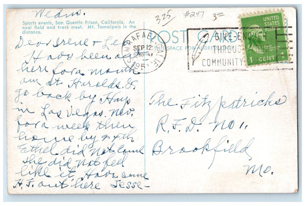 1951 Sports Event San Quentin Prison San Rafael California CA Mountain Postcard