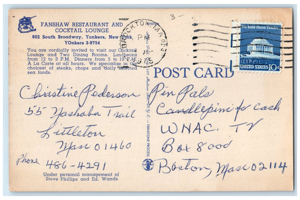 1945 Fanshaw Restaurant & Cocktail Lounge Interior Yonkers New York NY Postcard