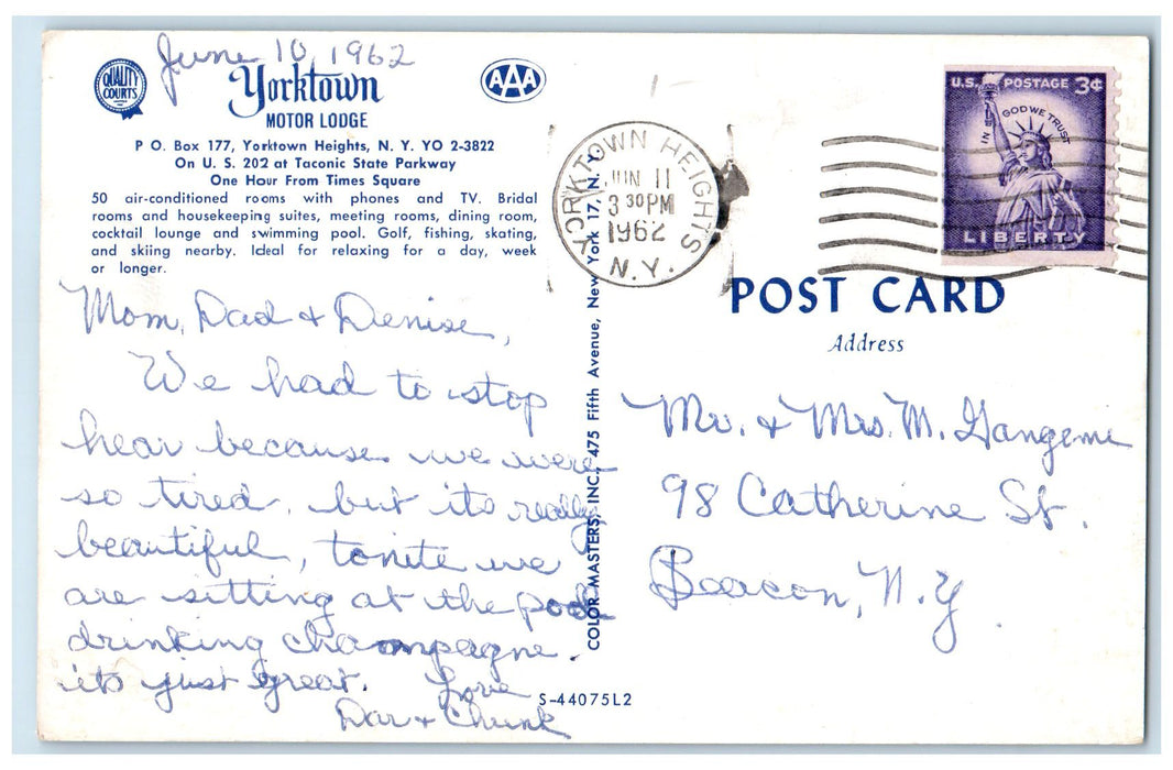 1962 Yorktown Motor Lodge Yorktown Heights New York NY Swimming Pool Postcard