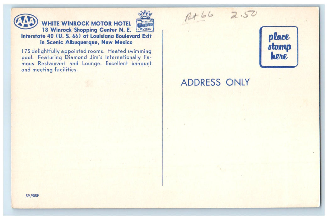 c1960s White Winrock Motor Hotel Albuquerque New Mexico NM Unposted Postcard