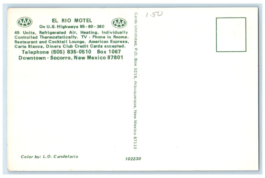 c1960's El Rio Motel Socorro Exterior Albuquerque New Mexico NM Cars Postcard