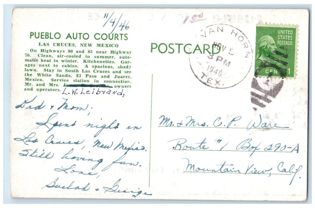 1946 Pueblo Auto Courts Exterior Las Cruces New Mexico NM Posted Trees Postcard