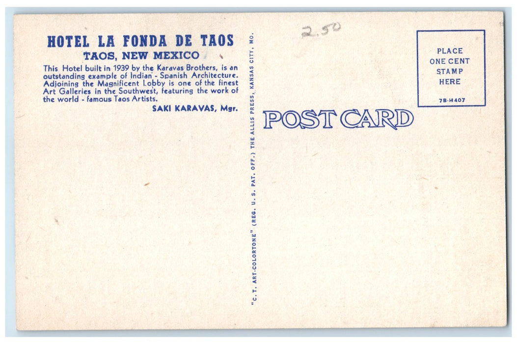 c1940s Hotel La Fonda De Taos Exterior View Taos New Mexico NM Unposted Postcard